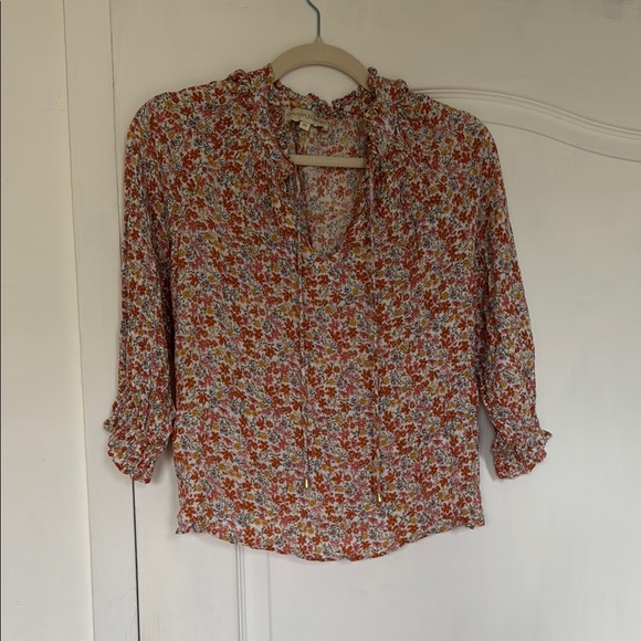 Brown and Orange Ruffled Blouse with Cuffed Sleeves - Picture 1 of 6